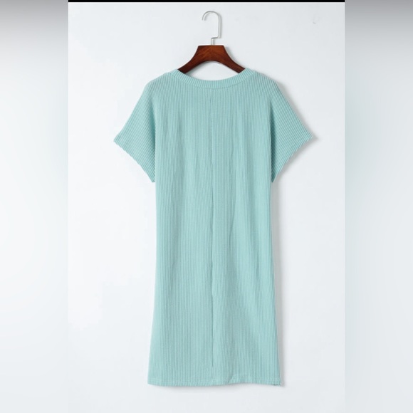 Blue Ribbed Knit Summer Short Sleeved T-Shirt Dress, Relaxed Fit, M-L-XL - Picture 10 of 10